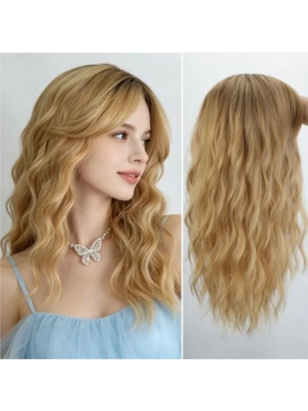 18in Ombre Blonde Layered Wavy Wig with Curtain Bangs for Daily & Party Wear